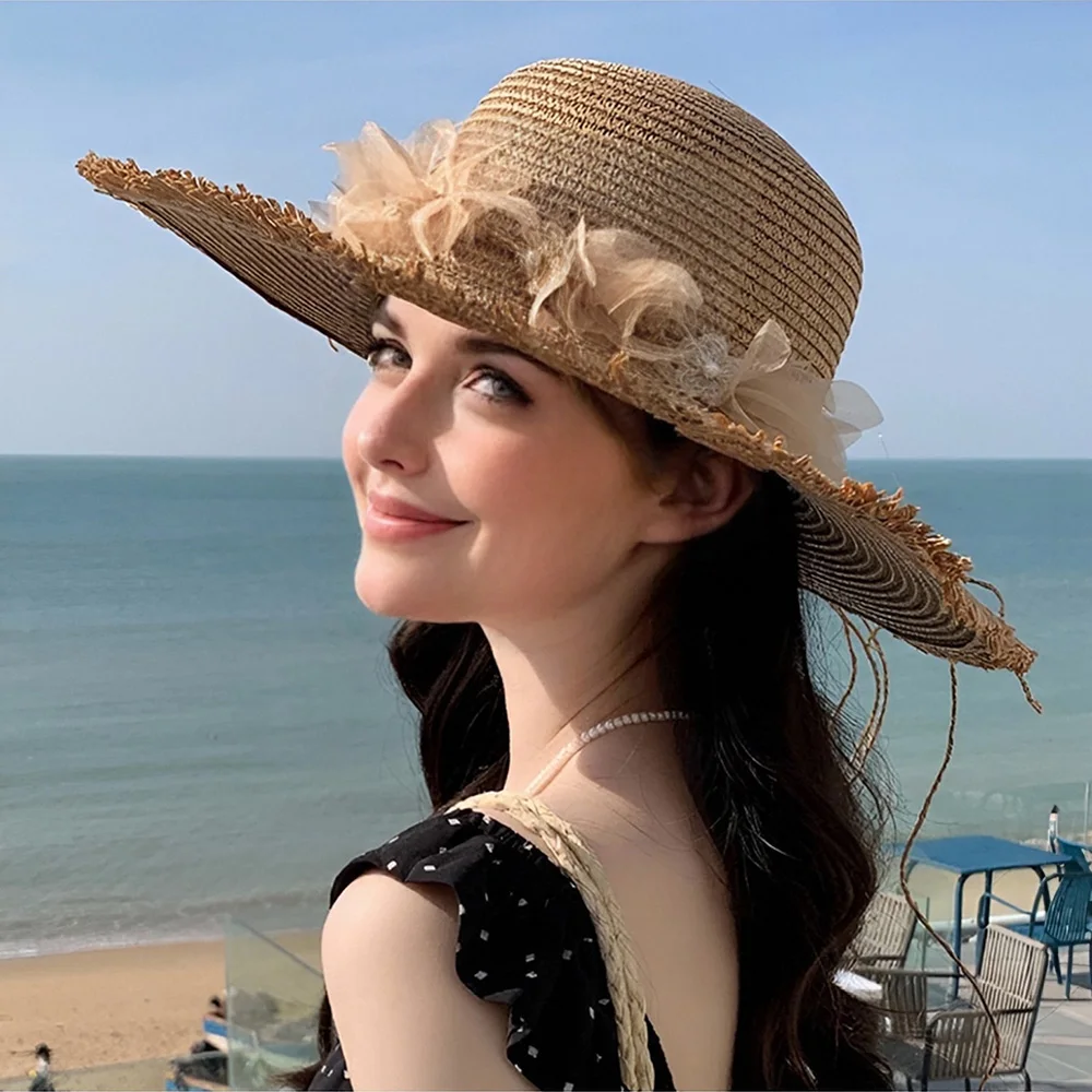 

2025 summer new Mori sunscreen straw hat large brim sun hat female seaside vacation outdoor UV protection foldable sun hat