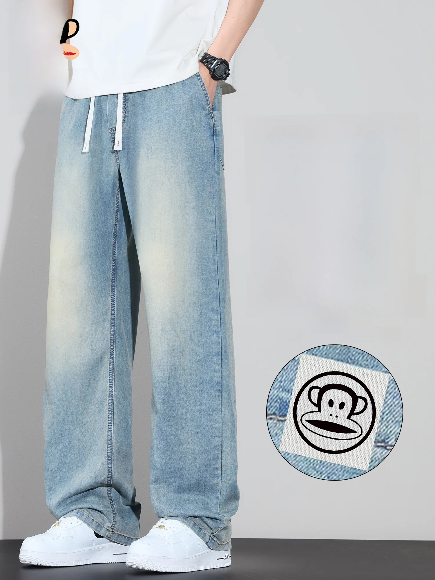 

PaulFrank Men's Summer Vintage Loose Fit Straight Leg Jeans Thin Silk Denim Pants Elastic Waist Casual Trousers