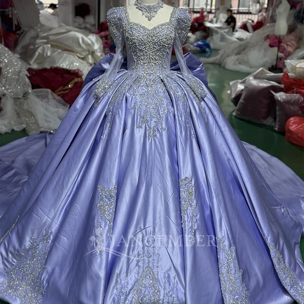

Exquisite Scoop Quinceanera Dresses With Bow Satin Court Train Lace up Ball Gown Beaded Customized vestidos de 15 quinceañera