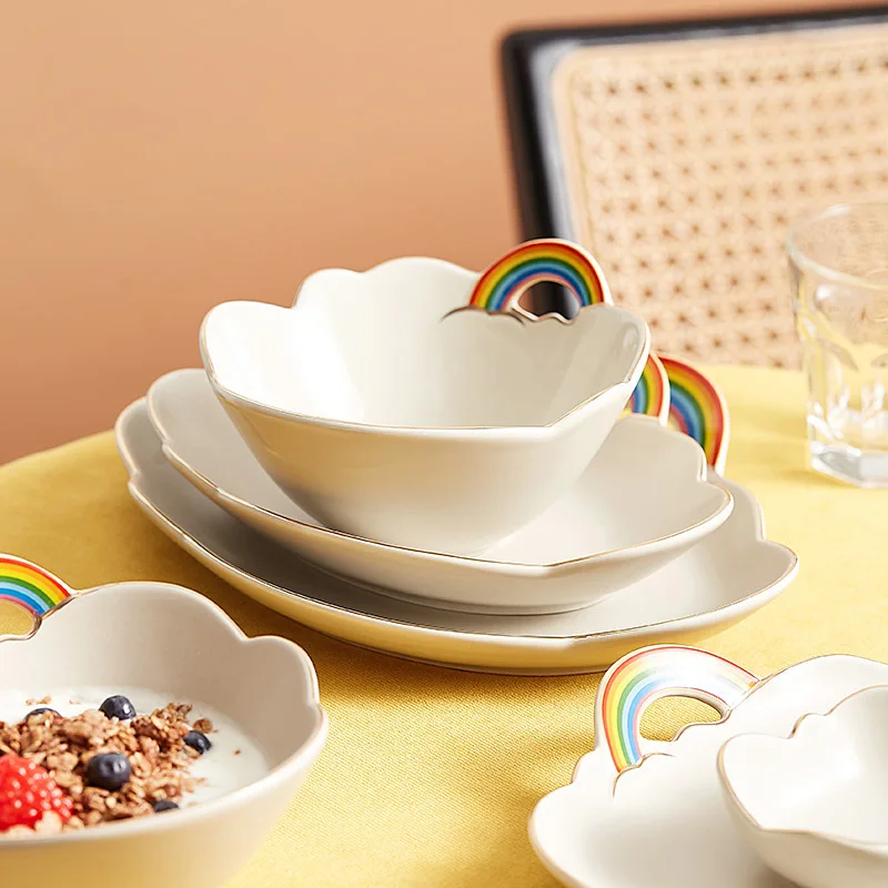 Rainbow Ceramic Tableware Set Household High-value Fruit Salad Bowl Rice Bowl Cute Girly Heart Breakfast Bowl Plate