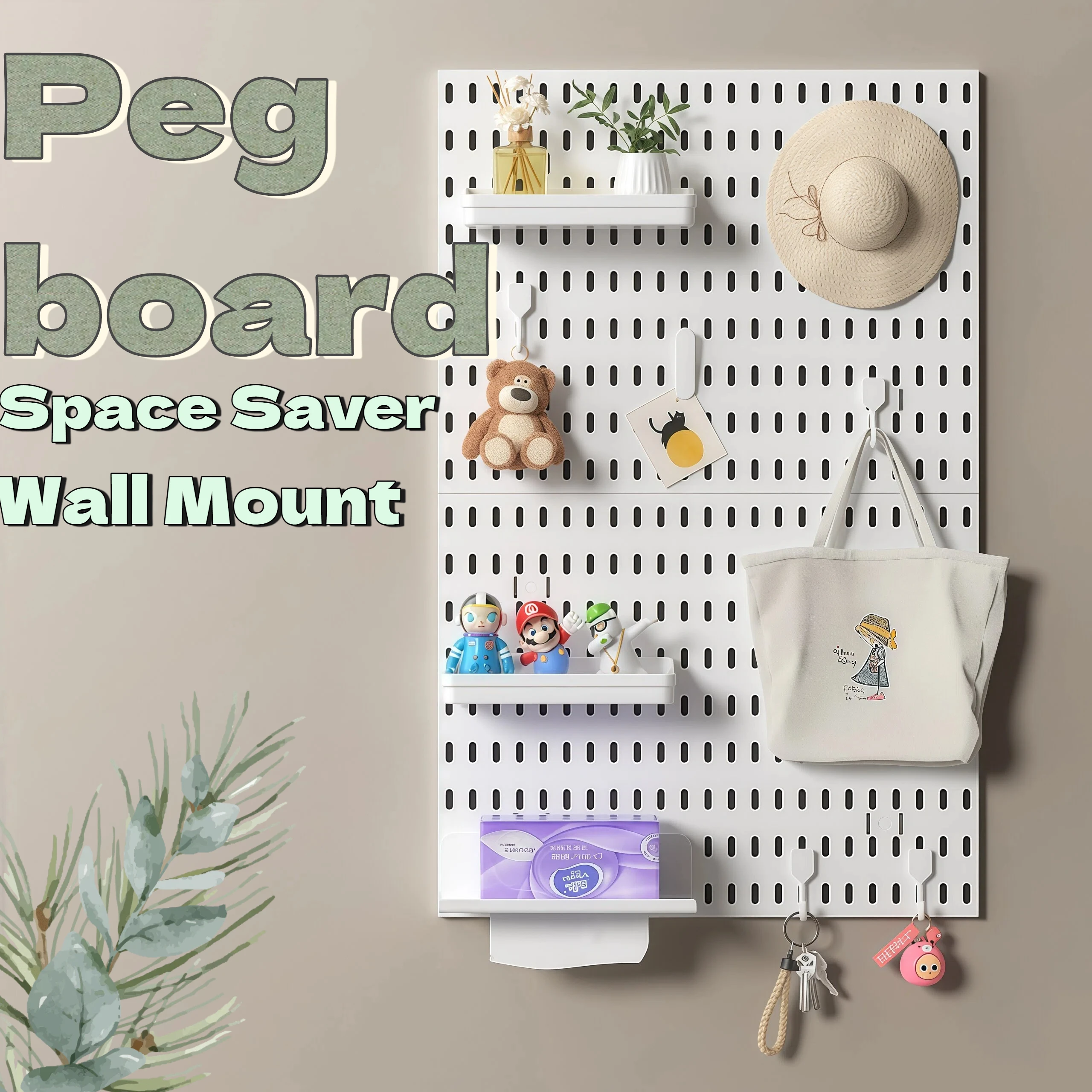 Entryway Pegboard Wall Organizer PP Plastic, Mounted Hole Board with Hooks Shelf for Keys Bags Hats Storage, Black White