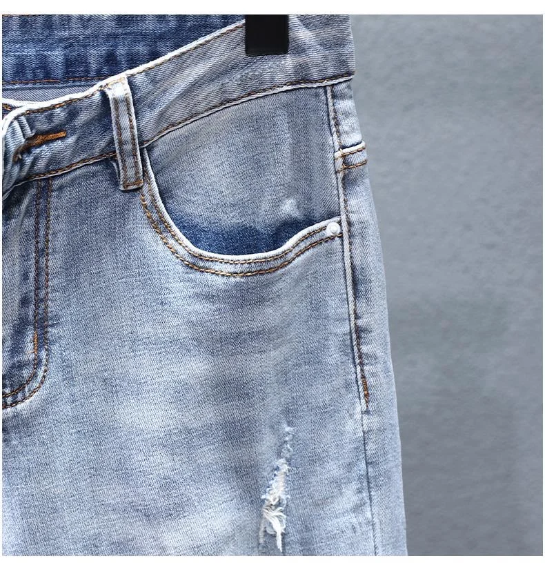 Summer New Fashion Ripped Patch Men's Trendy Brand Youth Washed Slim-fitting Small Feet Pants Men Clothing Luxury Brand Jeans view 2