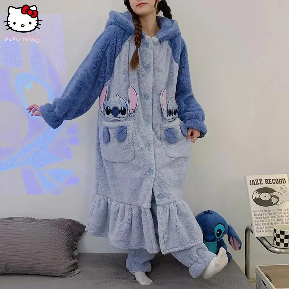 

Бархатный пижамный костюм с мультяшной строчкой, коралловый бархатный пижамный костюм Диснея, каваи, женский плюшевый зимний утепленный домашний костюм, теплое спальное платье в стиле аниме