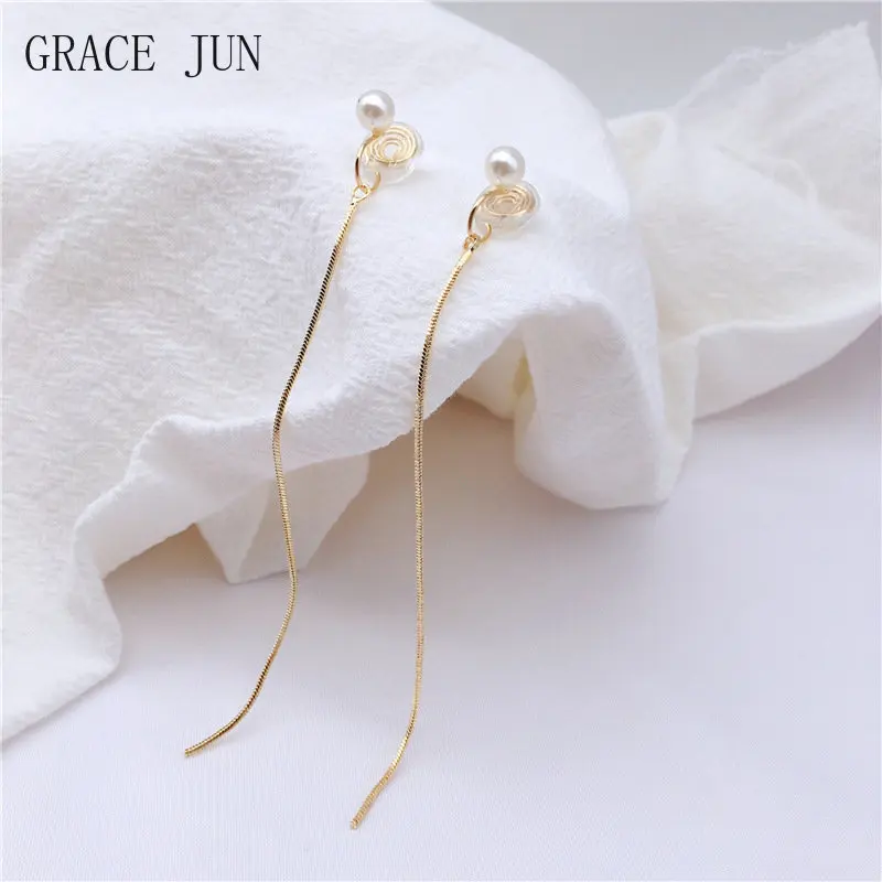 Simple Fashion Gold Color Long Tassel Pearl Clip on Earrings Without Pierced Women\'s Party Birthday Cuff Mosquito Coil Ear Clip