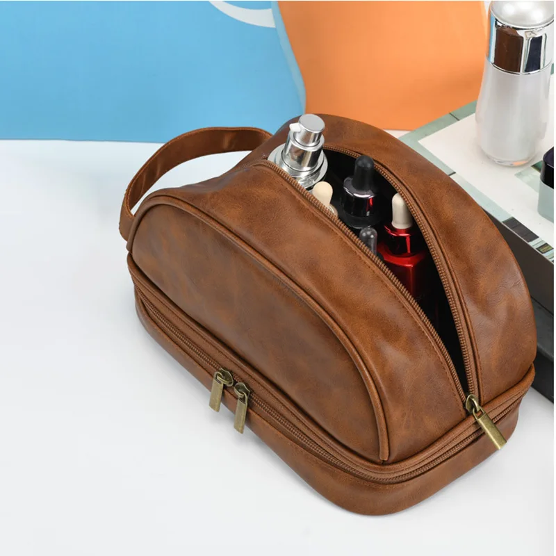 Bolsa de aseo de cuero Pu impermeable para hombres, bolsa de lavado de viaje Vintage, organizador de almacenamiento grande necesario para el baño,