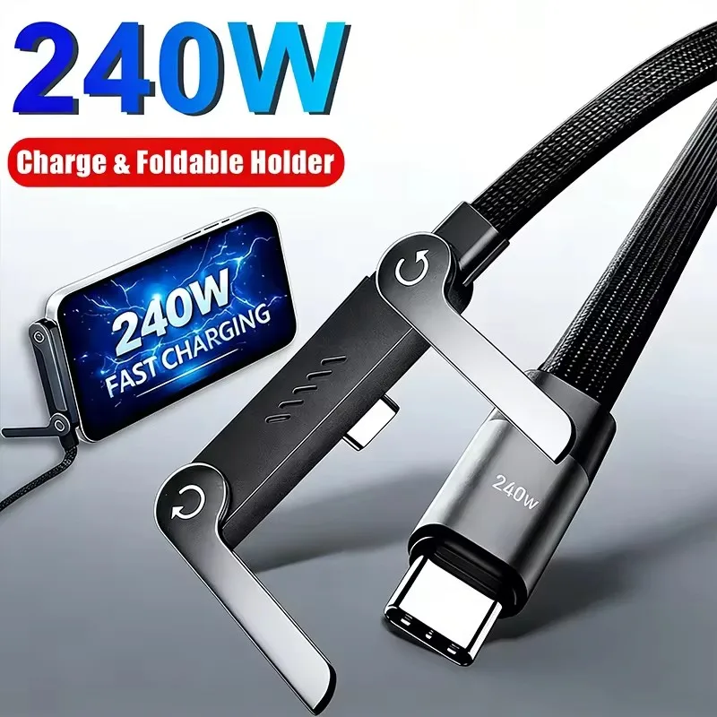 240W 2-in-1 USB-auf-Typ-C-Kabel, faltbare Halterung, Datenkabel Typ C, schnelles Laden, Schreibtischhalterung, Kabel für Huawei, Xiaomi 17, 16, Samsung