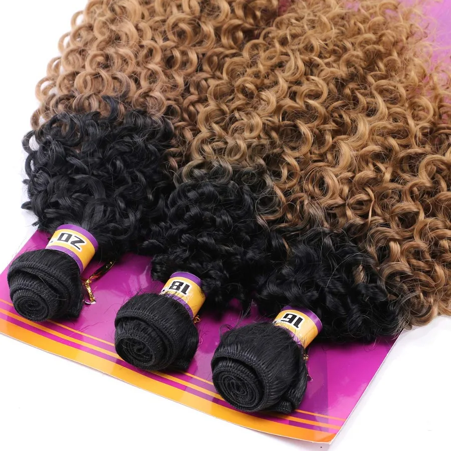 غريب مجعد الشعر الاصطناعية نسج 3 حزم 16 18 20 بوصة الأسود والذهبي شقراء أومبير وصلات شعر ملونة ل NaturalLoo