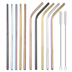 Colorful Stainless Steel Straws Straight/Elbow Pipe Reusable Drinking Straw Straws with Cleaner Brush Set Party Bar Accessories