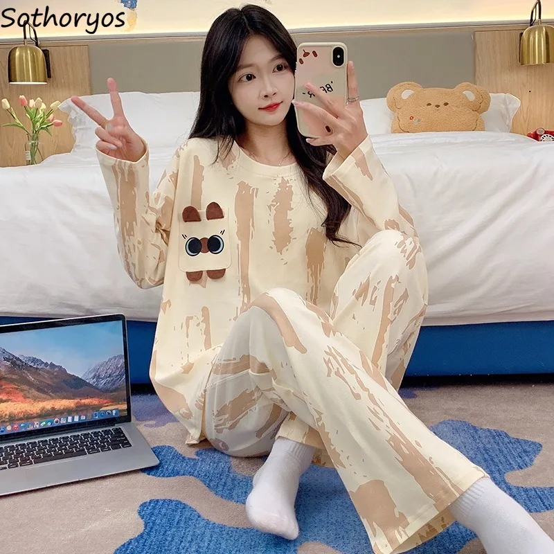 With Chest Pads Pajama Sets Women Cute Homewear Casual Long Sleeve Trousers Autumn Young Clothing Sleepwear Schoolgirls Chic