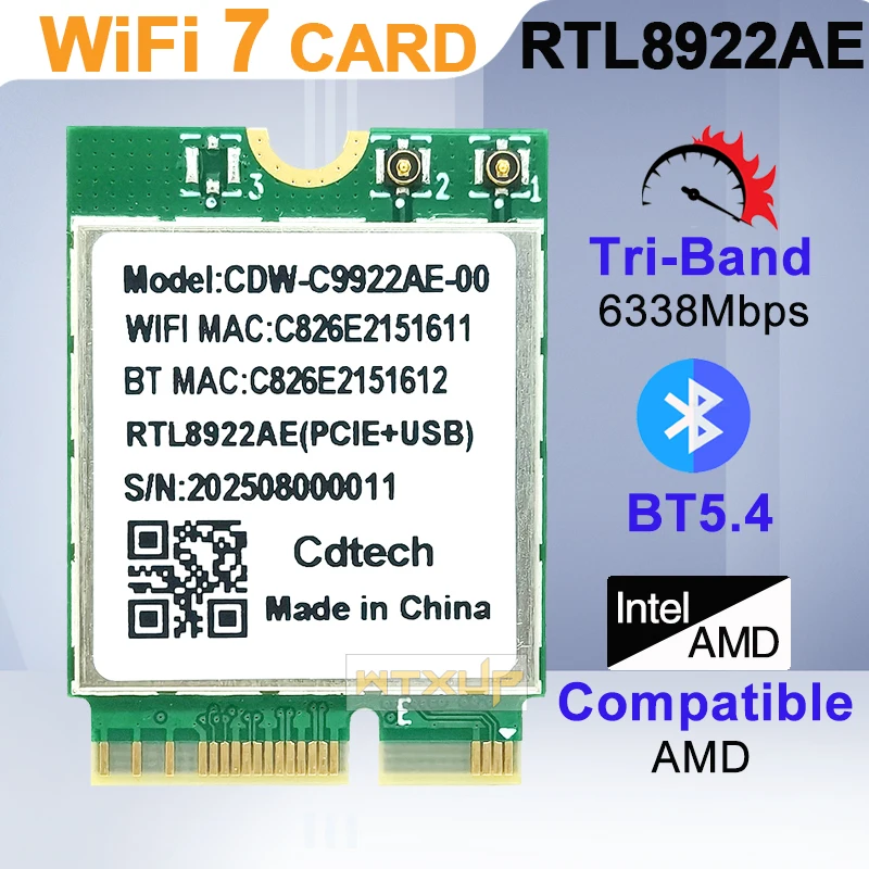 

RTL8922AE WiFi7 Card 2.4G/5G/6G Tri-Band 6338Mbps Wireless WiFi Card Adapter Bluetooth 5.4 for Win10/Win11