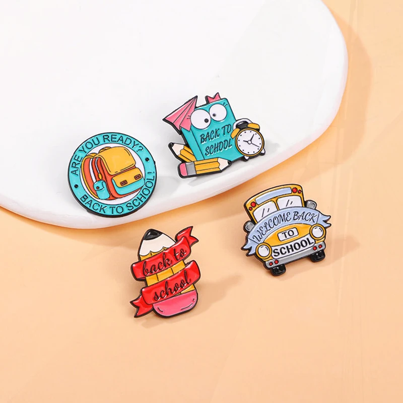 Back to School Doc Pencil Cap Satchel School Bus Alarm Clock Metal Badge Punk Brooch Jewelry Creative School Enamel Pin Welcome