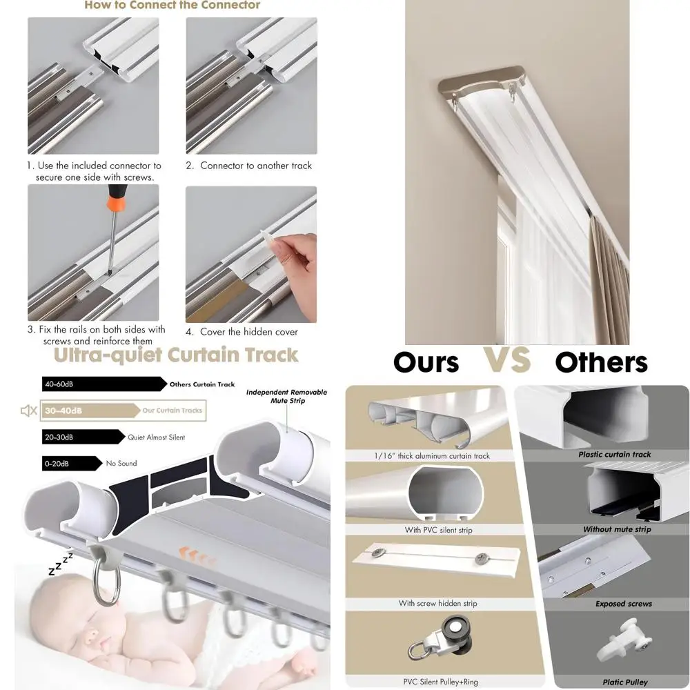 

Двойной карниз для штор с потолочным креплением, 10 футов, 4 дюйма шириной, белый алюминий, подходит для спальни/окна/отеля