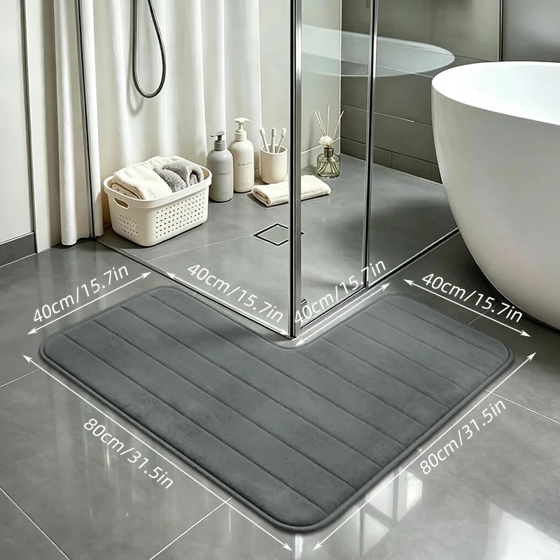 1Pc Bathroom L-Shaped Non-Slip Absorbent Floor Mat, Thick Coral Fleece Quick-Drying Foot Mat, Horizontal Stripe Embossed Design, Suitable for Hotels, Guesthouses, and Home Use, Anti-Slip and Dirt-Resistant Carpet for Bathroom Shower Area