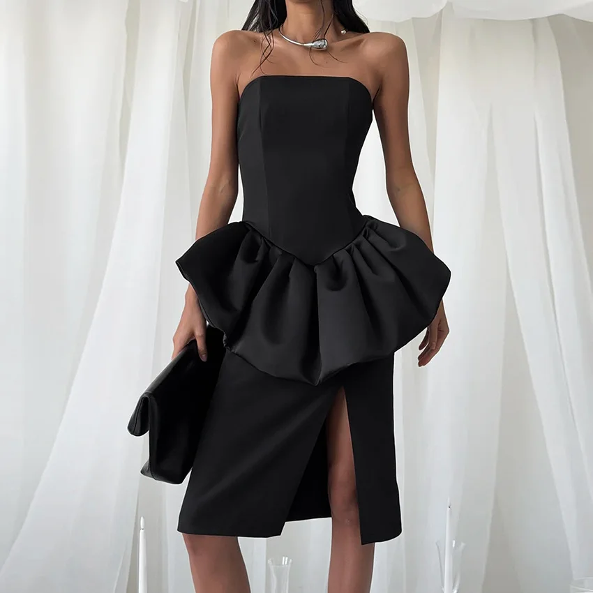 

Black Dress Set for Women's 2026 Spring/summer Cross-Border New Design Sense, Split Top Strapless Puffy Skirt Formal Dress