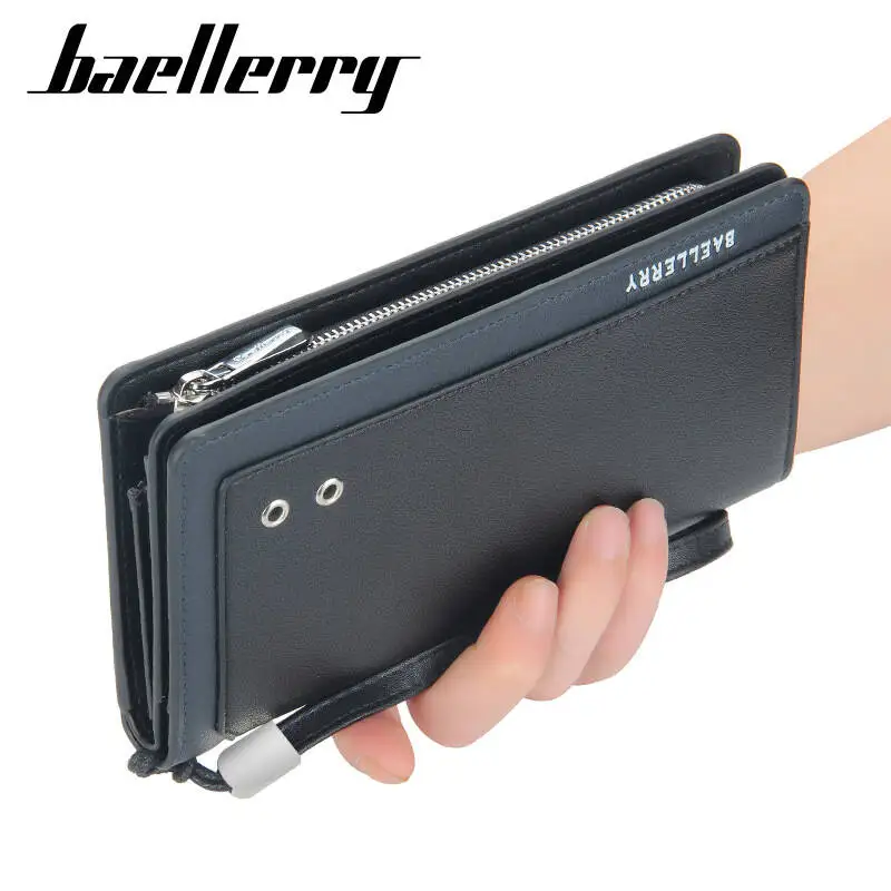 New Baellerry Men's Leather Wallet Double Layer Snap Closure Zipper Card Holder Photo Coin Purse Wallets Long Wallet