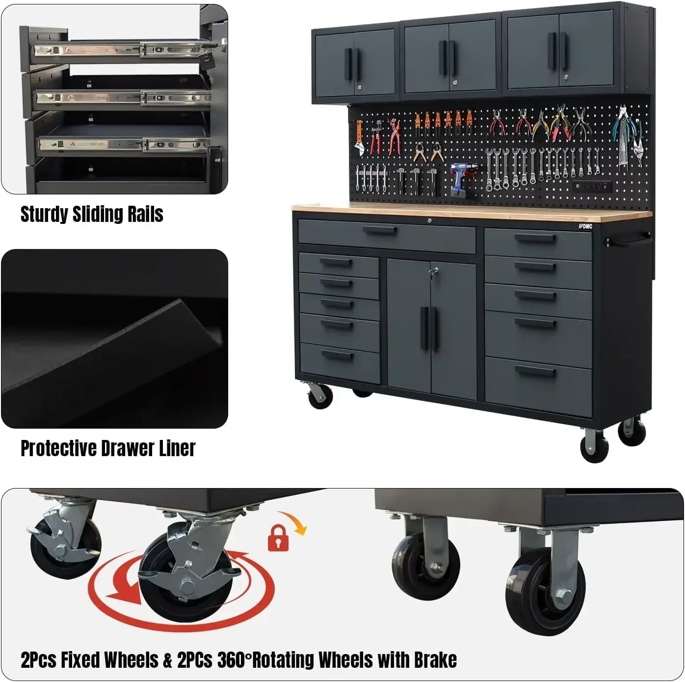 72in Rolling Tool Chest Cabinet Mobile Garage Workbench Heavy-Duty Tool Cabinet on Wheels with 11 Drawers, 2-Door Cabinet, 3 Top
