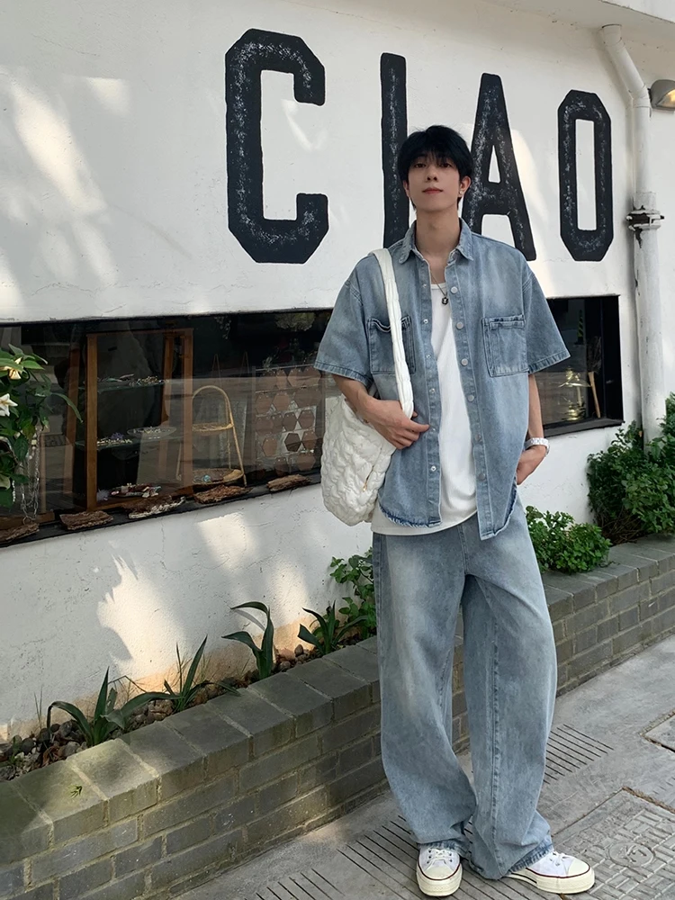 

Голубые мужские джинсы High Street American Sle Свободные прямые брюки для похудения Широкие длинные брюки Модный повседневный хлопковый джинс