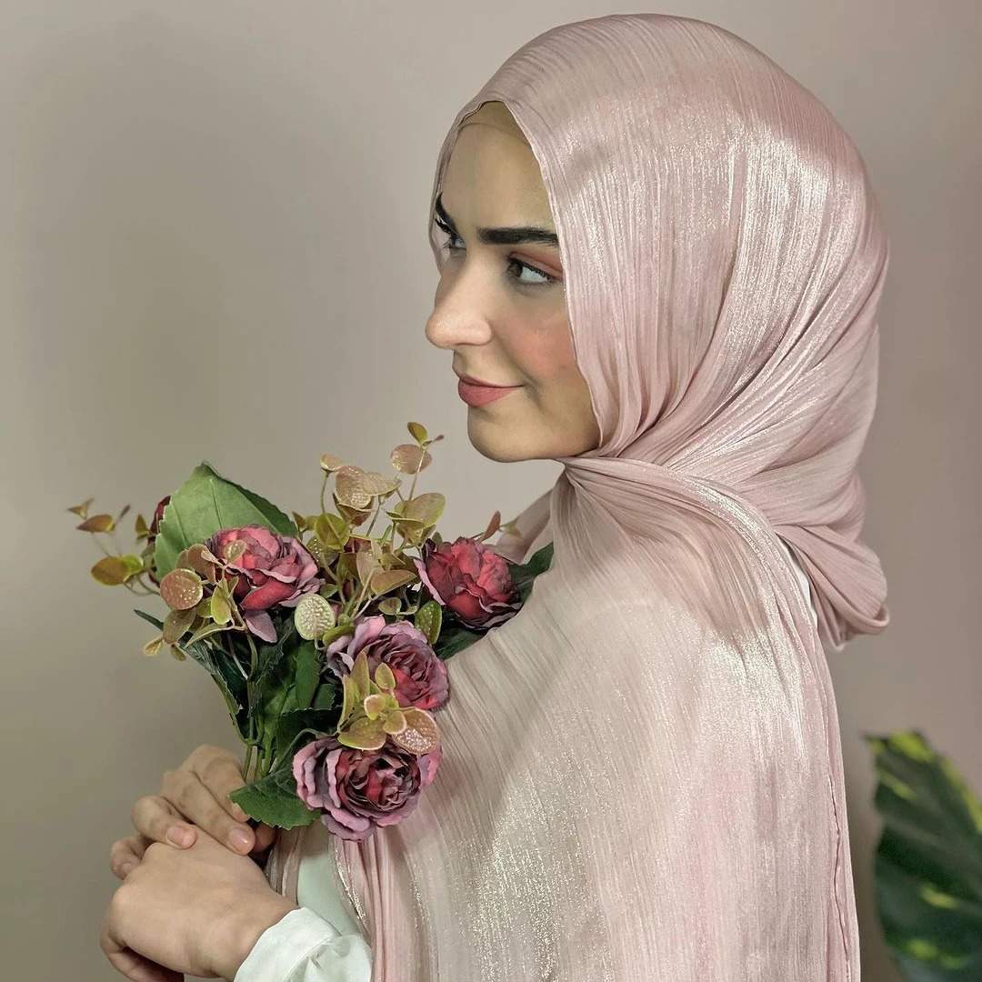 Newest Silk Crinkle Hijab Scarf Women Shimmer Shawls Plain Muslim Women Hijabs Breathab Islam Women Turban Pleated Scarf Ramadan