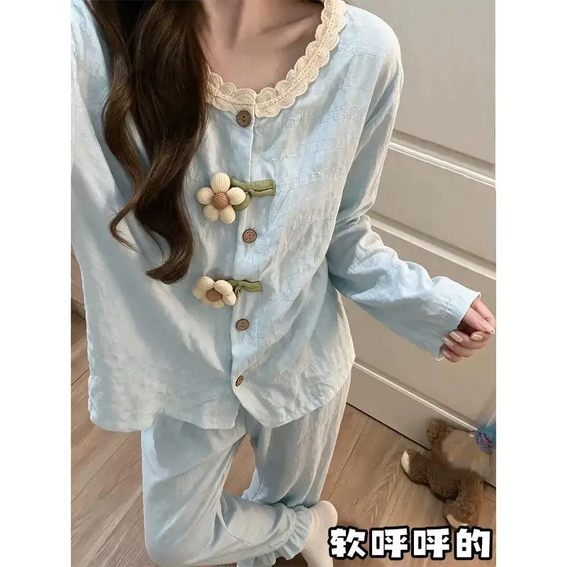 Women's Spring Autumn New Long Sleeve Long Pants Home Clothe Set Student Cute Style Small Flower Pajama Women Soft Two Piece Set