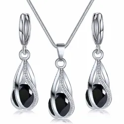 3pcs Necklace Earring Set Ladies Light Luxury Wind Copper Alloy Pendant Black Crystal Stone Ear Clip Section Combination Jewelry