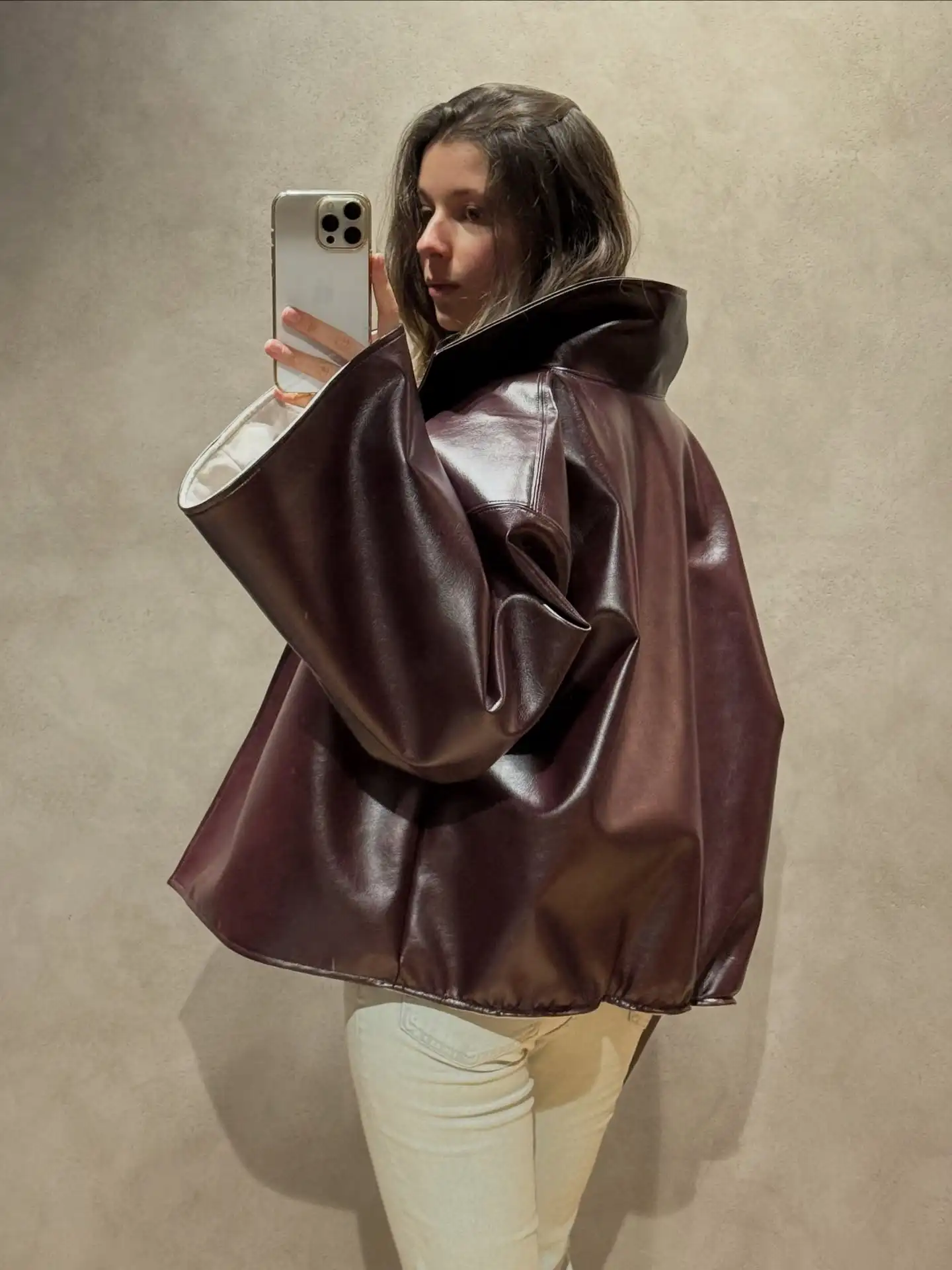 Beige Croc Leather Cropped Jacket Y2k Stand Collar Long Sleeve Wide Cuff Oversize Coat 2026 Autumn Street Daily Casual Outerwear