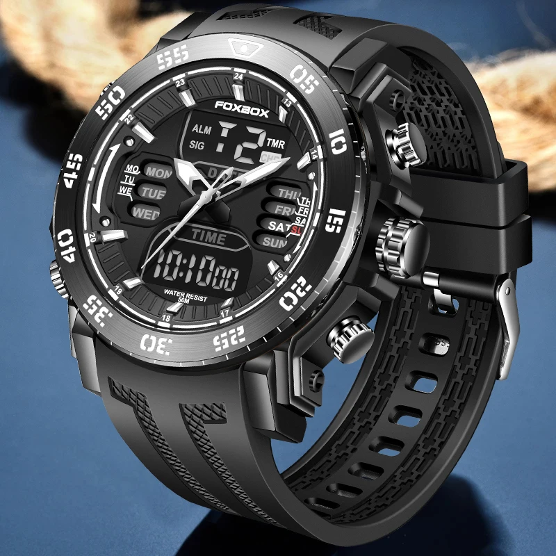 FOXBOX LIGE Fashion Electronic Man Watch Casual Sport Quartz Watches for Men Water-Resistant Week Digital Dual Display Clock New