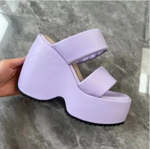 

Lavender Hot Pink Soft Leather Thick Sole Platform Wedges Slip On Slippers Women Fashion Super High Heel Summer Sandals Shoes