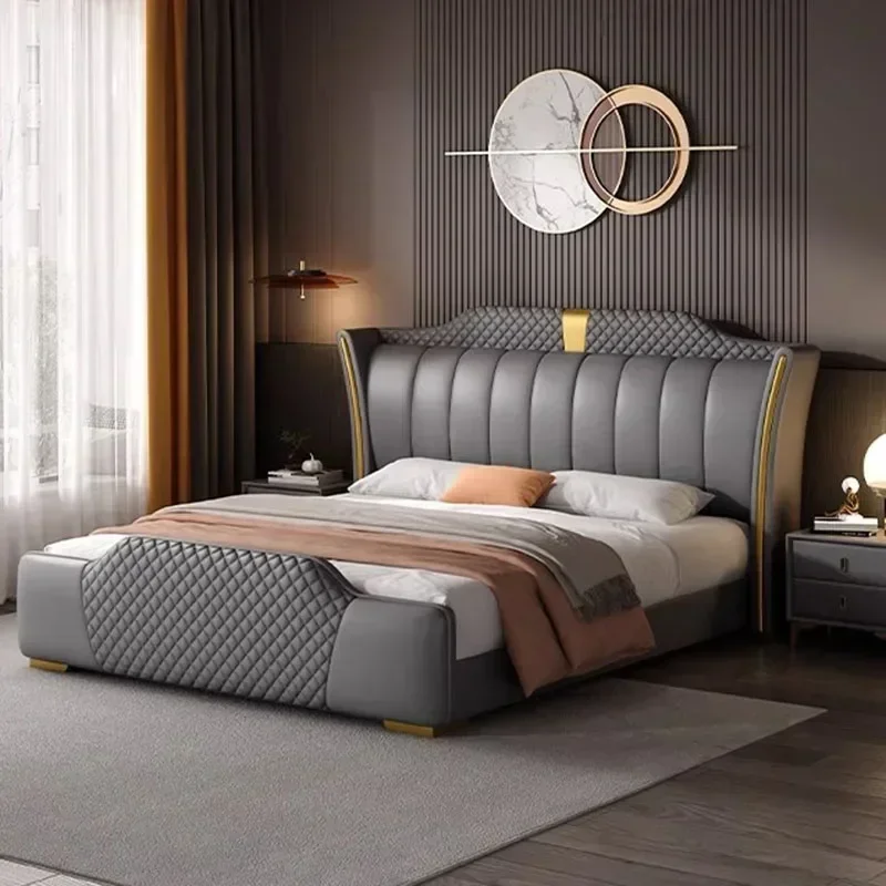 Nordic Luxury Bedroom Bed Queen Size King White Cheap Modern Princess Twin Bed Wood Faux Leather Cama Lounge Suite Furniture