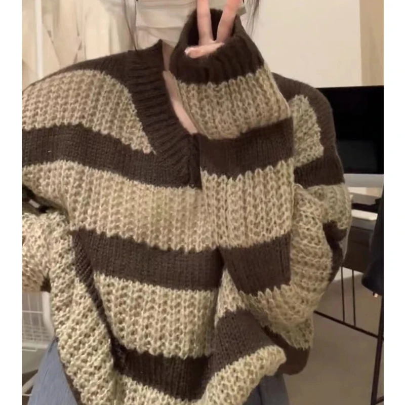 Brown Stripes Sweater Winter Women\'s Clothing Baggy Thick Warm Vintage V Neck Soft and Waxy Knitting Pullover Tops Wool Sweater