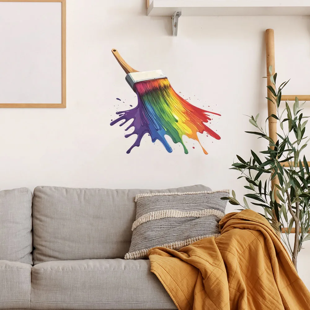 Creative Rainbow Paint Wall Decal, Vibrant Paintbrush with Rainbow Splatter Removable Sticker for Art Decor