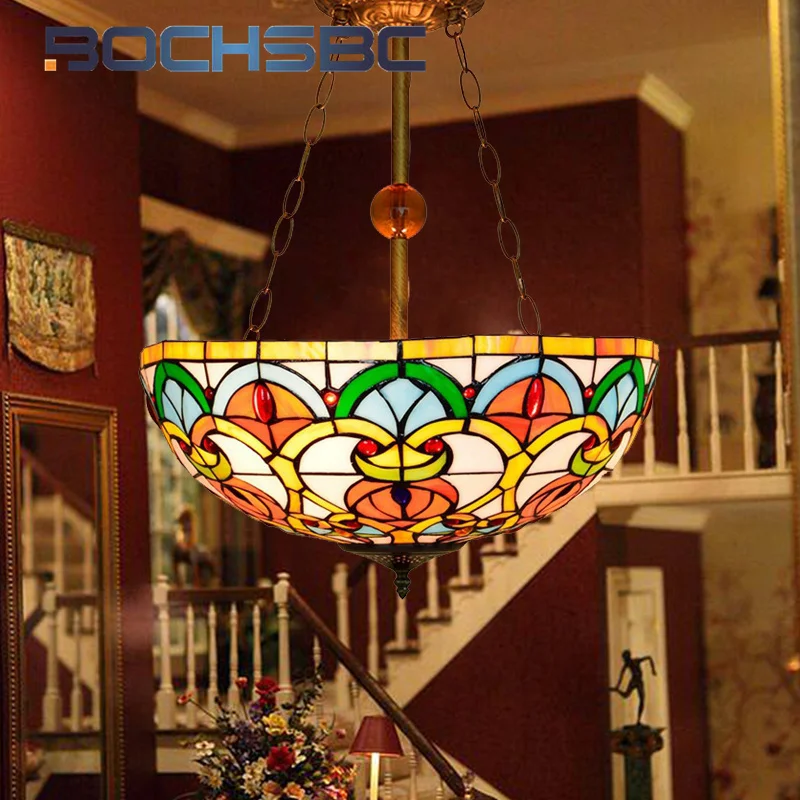 BOCHSBC Tiffany Vintage style stained glass chandelier Living Room Dining Room Hotel Bedroom 16 inch deco inverted pendant light