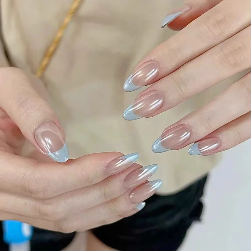 10PCS Handmade Yellow Press on Nails Pink Blue French Almond Oval Acrylic False Nails for Girl Spice Reusable Decor Tips Aurora
