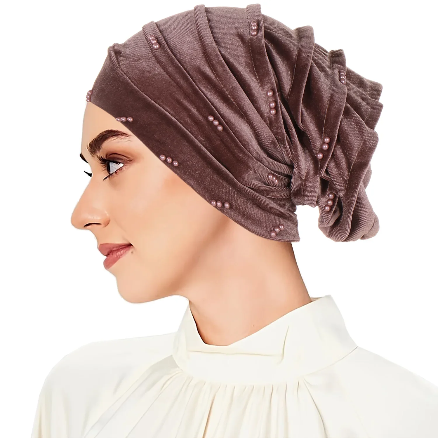 Indian Velvet Turban Women Chemo Cap Beaded Bonnet Headscarf Hair Loss Head Wrap Beanie Hijab Hat Muslim Headwear Turbante Mujer