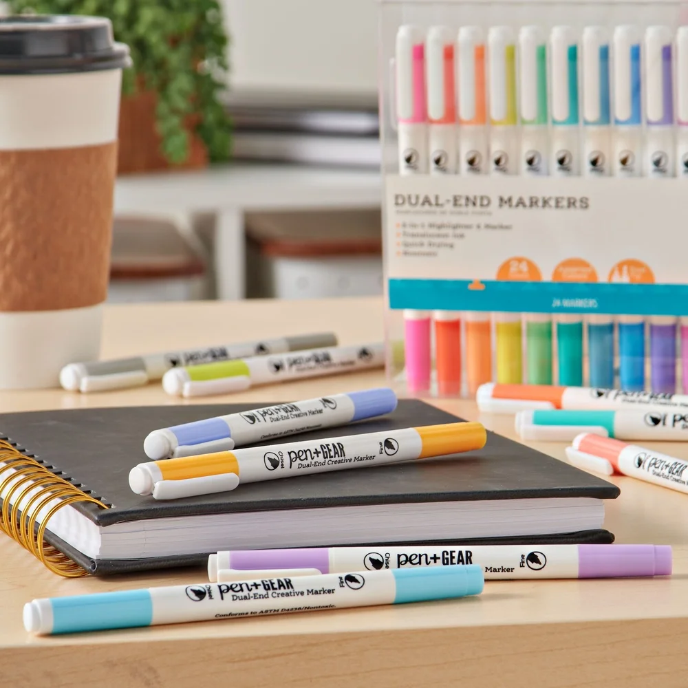 24 عدد علامات ذات طرف مزدوج إزميل طرف رفيع حبر شفاف سريع الجفاف وغير سام ألوان نابضة بالحياة تلوين كتابة العبث المثالي