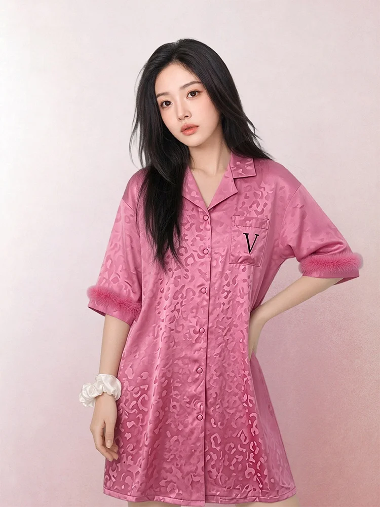Summer Ice Silk Leopard Print Sleepwear Set Women's Short Sleeve Home Clothes Pinkbread Ufeng Baoche Water Light Silk Home Suit