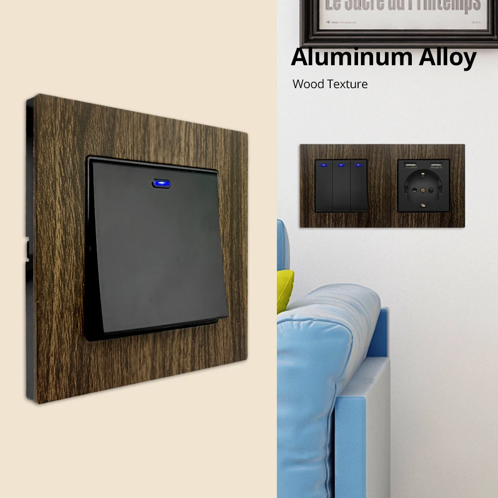 Wallpad 1 2 3 gangu 2 způsob aluminium panel dřevo textura zeď lehký spínač LED reostat USB nabít EU nástrčkový vývod 172*86mm