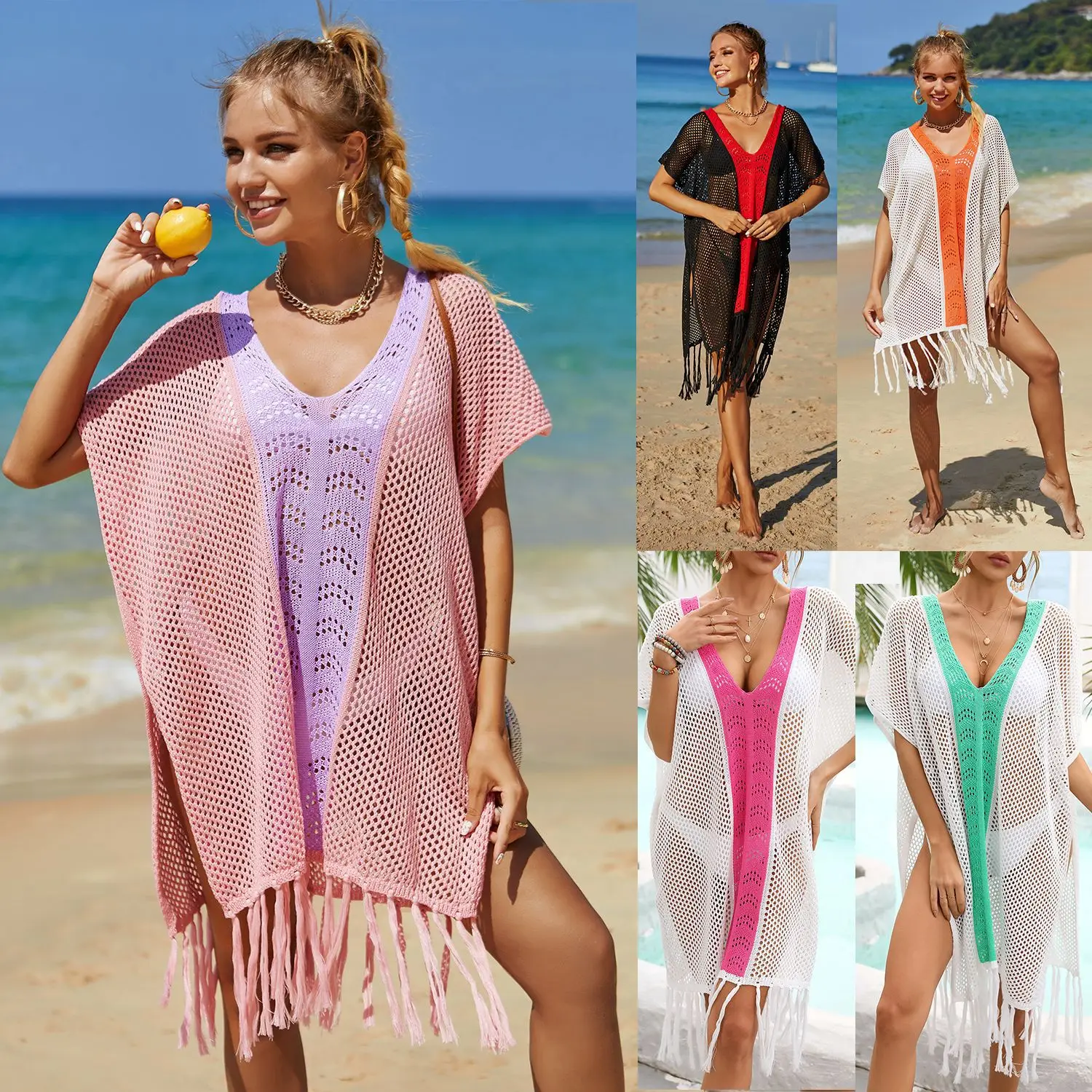 2023 Summer New Beach Blouse Hollowed-out Knitted Fringe Holiday Bikini Blouse Female