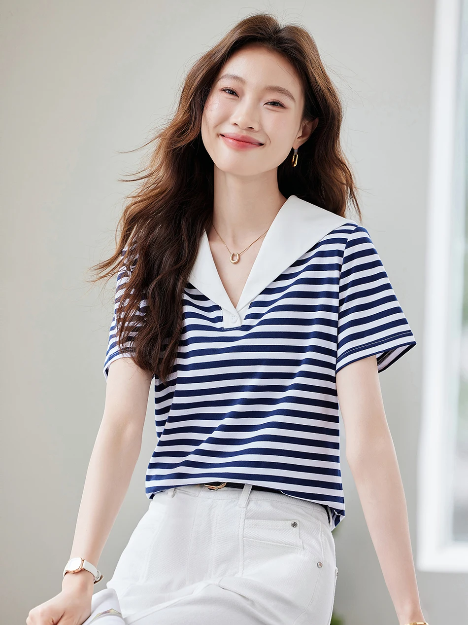 موضة الصيف قصيرة الأكمام بحار طوق المرأة تي شيرت تي شيرت مخطط المرأة بلايز Camisetas ملابس النساء الملابس التي شيرت XL307