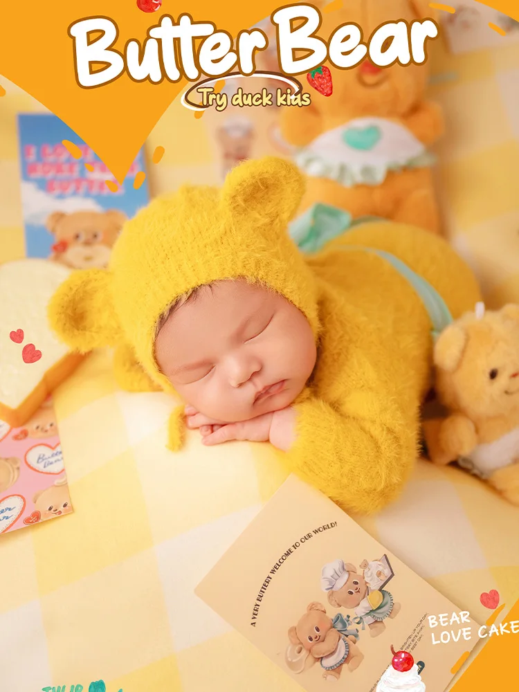 Pakaian fotografi baru lahir, Jumpsuit lengan panjang + topi + Bib Set kostum beruang kuning mentega boneka Studio alat peraga pemotretan