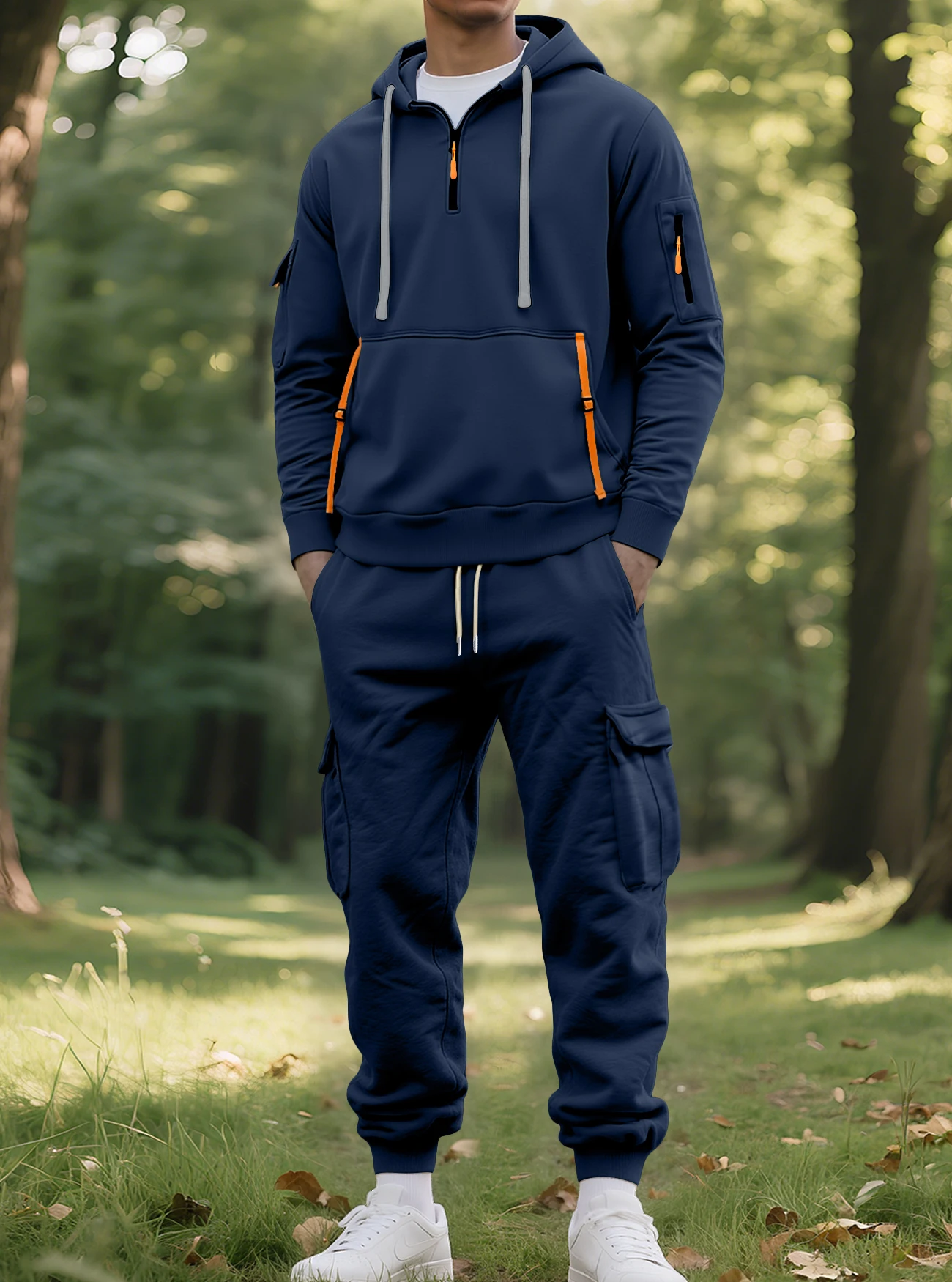 

Autumn and winter men's fleece hoodie, fashionable hoodie, zipper multi-pocket Carhart cargo pants set