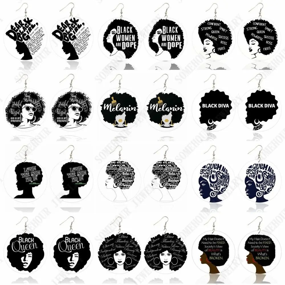 SOMEHOUR Dear Black Diva Girl Woman Wooden Drop Earrings Afro Curly Queen Dope Powerful Sayings Print Melanin Dangle Jewelry