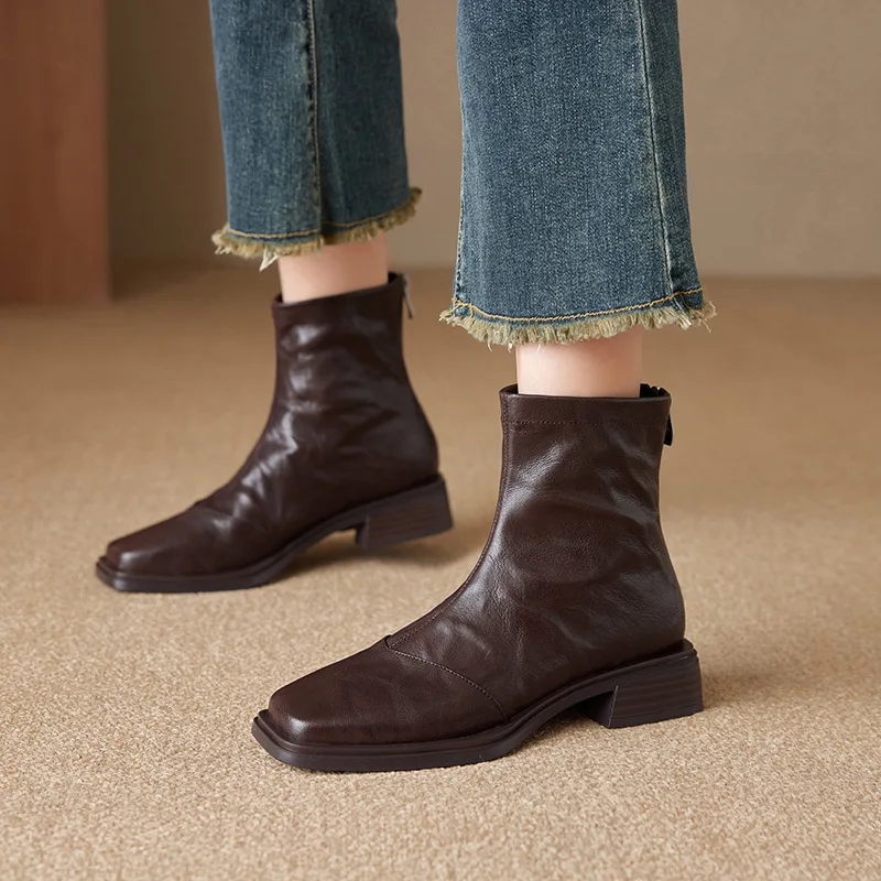 

2025 New Women's Boots Square Head Short Boots Women's Autumn and Winter Fashion Retro Fold Back Zipper Skinny Boots