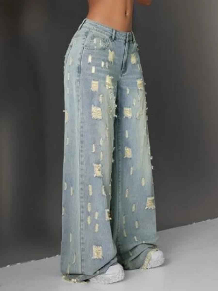 กางเกงยีนส์ทรงตรงขากว้างเอวสูงสไตล์วินเทจอเมริกันสำหรับผู้หญิง ช่วยให้ดูผอมเพรียวและใช้งานได้หลากหลาย