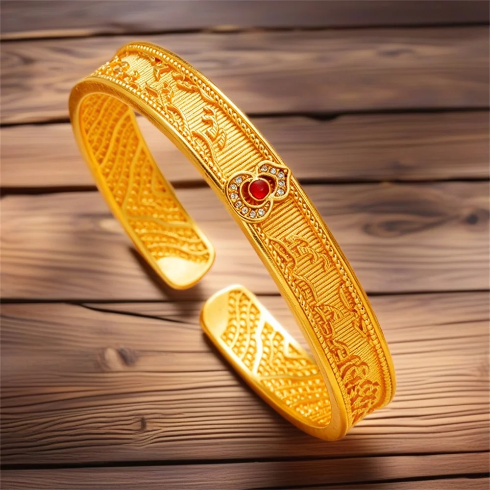au999-24k-solid-unisex-vintage-filigree-cloud-ruyi-red-gem-open-gold-cuff-bangle-men-women-couple-lucky-wedding-jewelry-gift