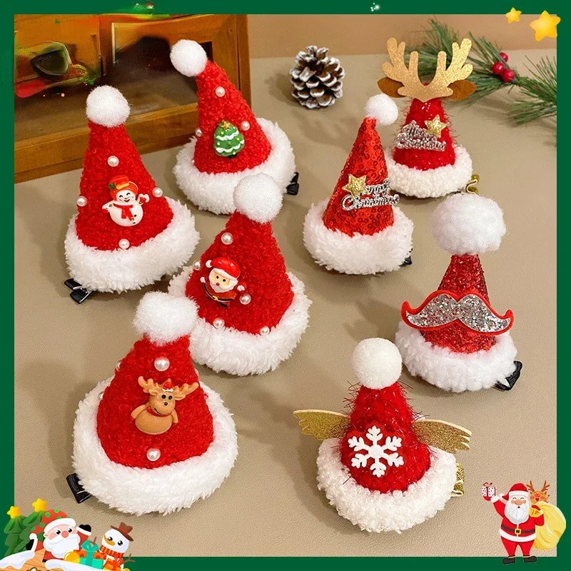 Christmas Hairpin Headdress Adult Children Alligator Clip Red Hat Santa Deer Ear Hairpin Girl Women Sweet Plush Hair Accessories