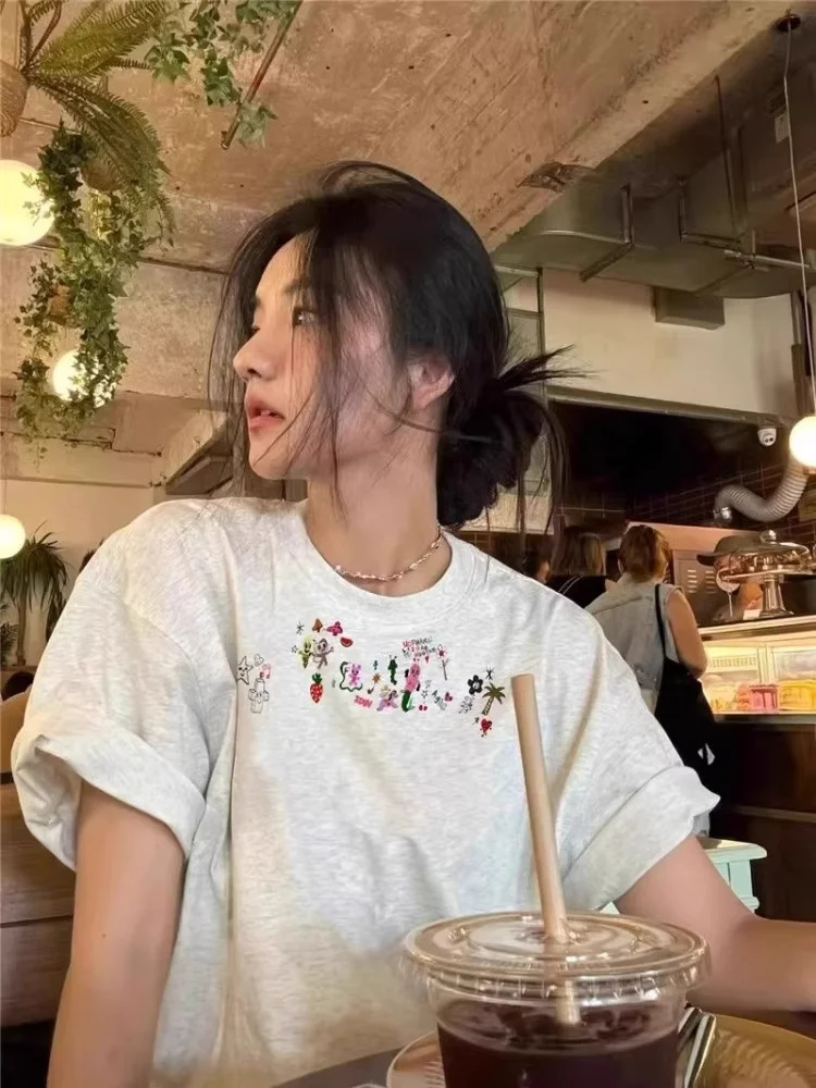 Faionable Fre Floral Print redondo Ne ort Sve Camiseta feminina solta casual versátil Age-defng verão top