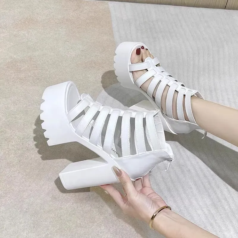 Sexy Nightclub Sandals Women's Roman Style Thick Heel Sandals with 8cm Super High Heels  luxury platform sandals