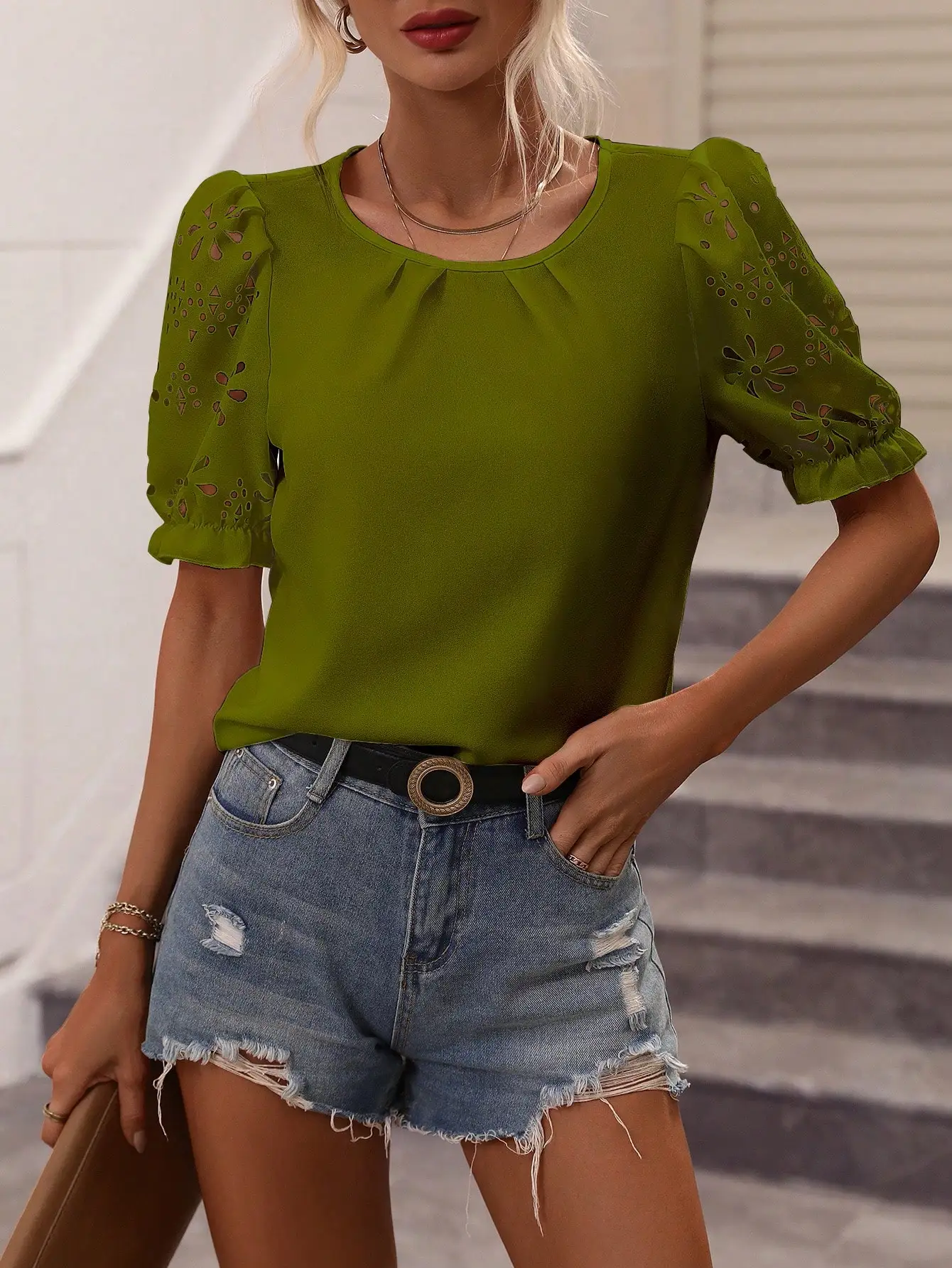 Women's Cutout Puff Sleeve Blouse, Casual Round Neck Short Sleeve Shirt, Floral Eyelet Embroidered Top For Ladies