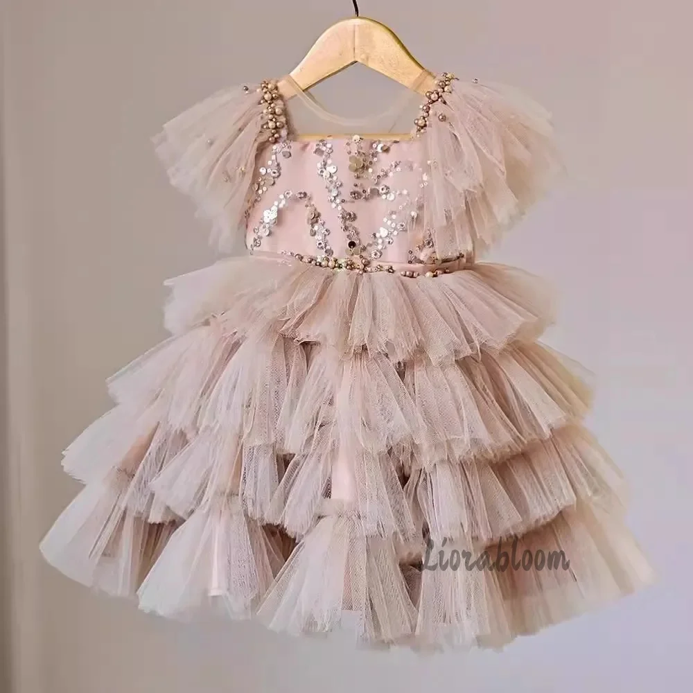 Girls' Diamond Pearl-Embellished Dress Brown Sequin Flower Girl Dress Layered Party Gown Short Wedding Dress Prom Dress