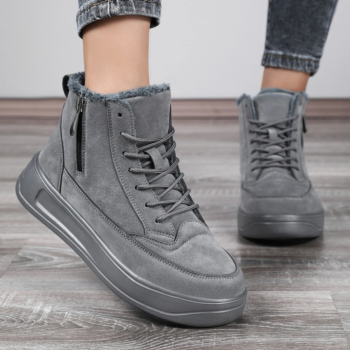 Men Women Warm Plush Winter Short Boots High-top Side Zipper Snow Booties Thick Sole Anti-slip Casual Couple Footwear Black Gray